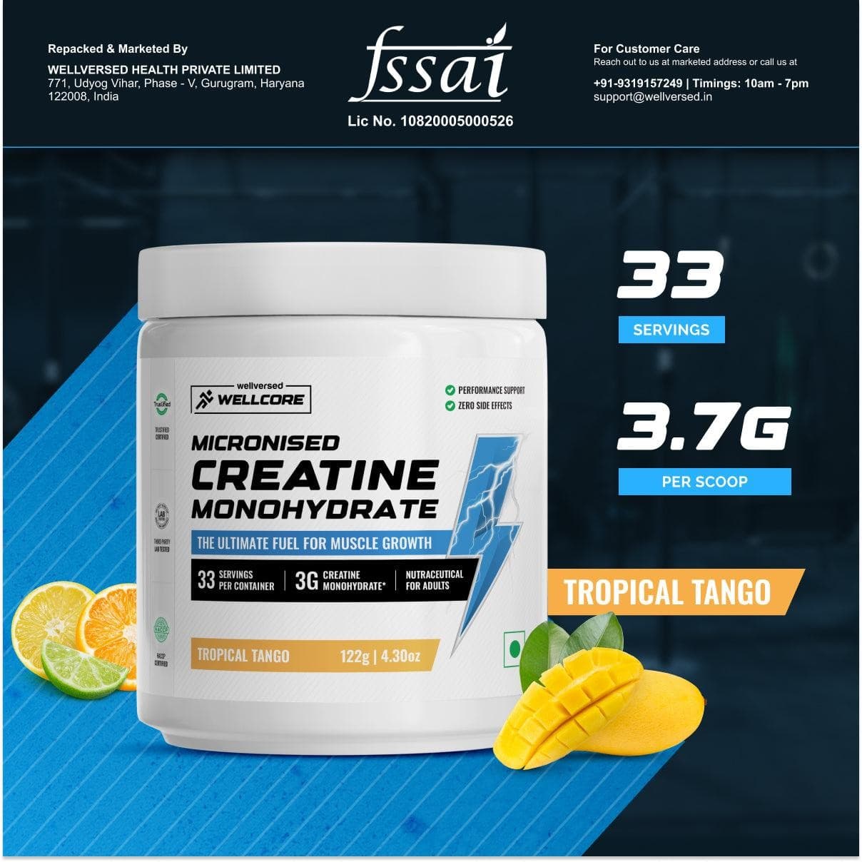 Wellcore - Pure Micronised Creatine Monohydrate (122g, 33 Servings) Tropical Tango