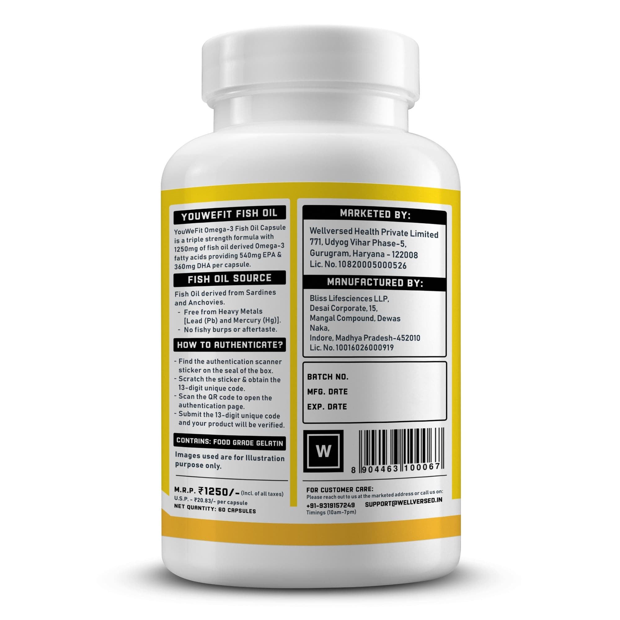 YouWeFit Omega-3 Fish Oil (60 Capsules), 1250mg