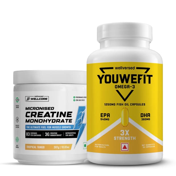 Wellcore Creatine Monohydrate (Tropical Tango, 83 Servings) + YouWeFit Omega-3 Triple Strength Fish Oil (1250mg, 30 Capsules)