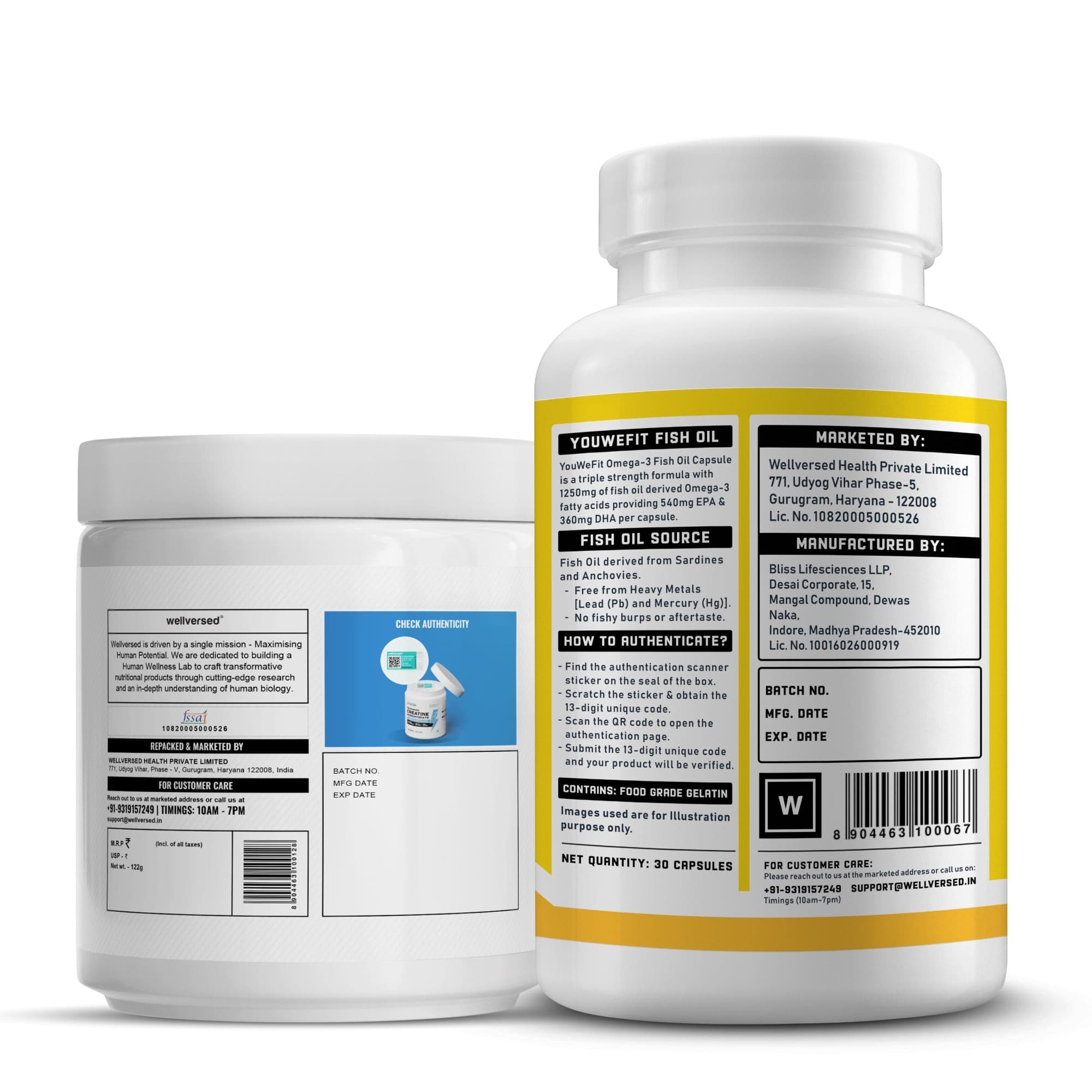 Wellcore Creatine Monohydrate (Fruit Fusion, 33 Servings) + YouWeFit Omega-3 Triple Strength Fish Oil (1250mg, 30 Capsules)