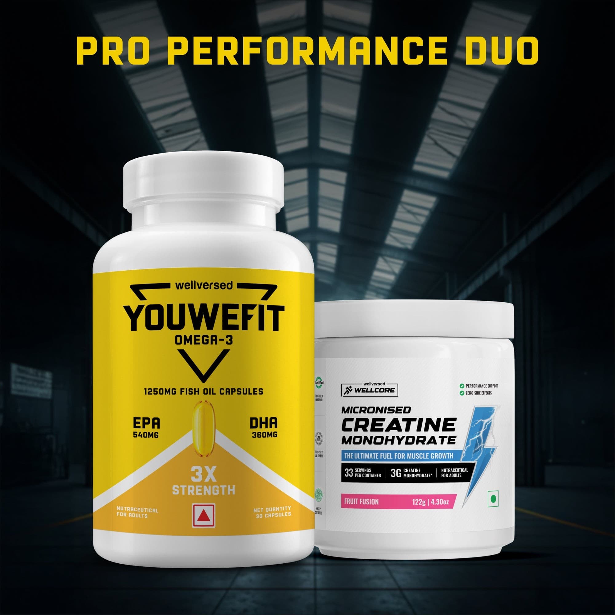 Wellcore Creatine Monohydrate (Fruit Fusion, 33 Servings) + YouWeFit Omega-3 Triple Strength Fish Oil (1250mg, 30 Capsules)