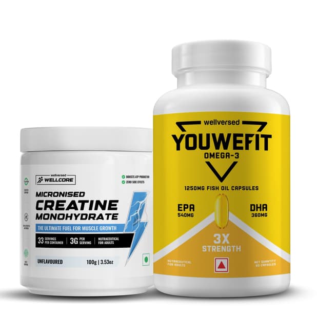 YouWeFit Omega-3 Fish Oil (60 Capsules), 1250mg + Wellcore Creatine Monohydrate (100gm, 33 Servings)
