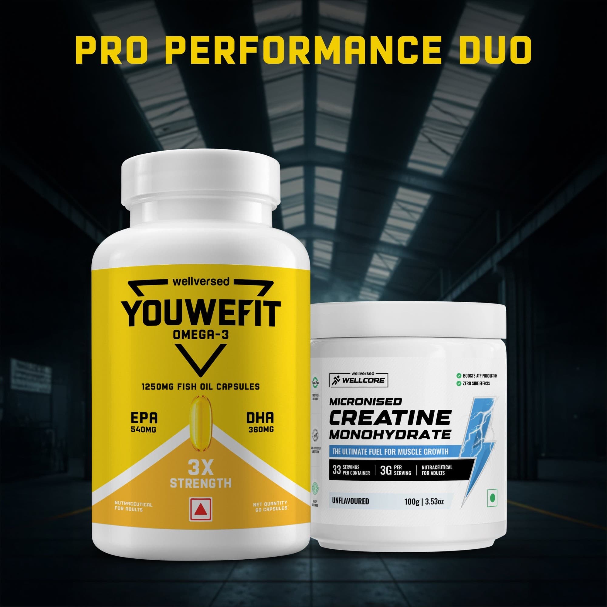 YouWeFit Omega-3 Fish Oil (60 Capsules), 1250mg + Wellcore Creatine Monohydrate (100gm, 33 Servings)