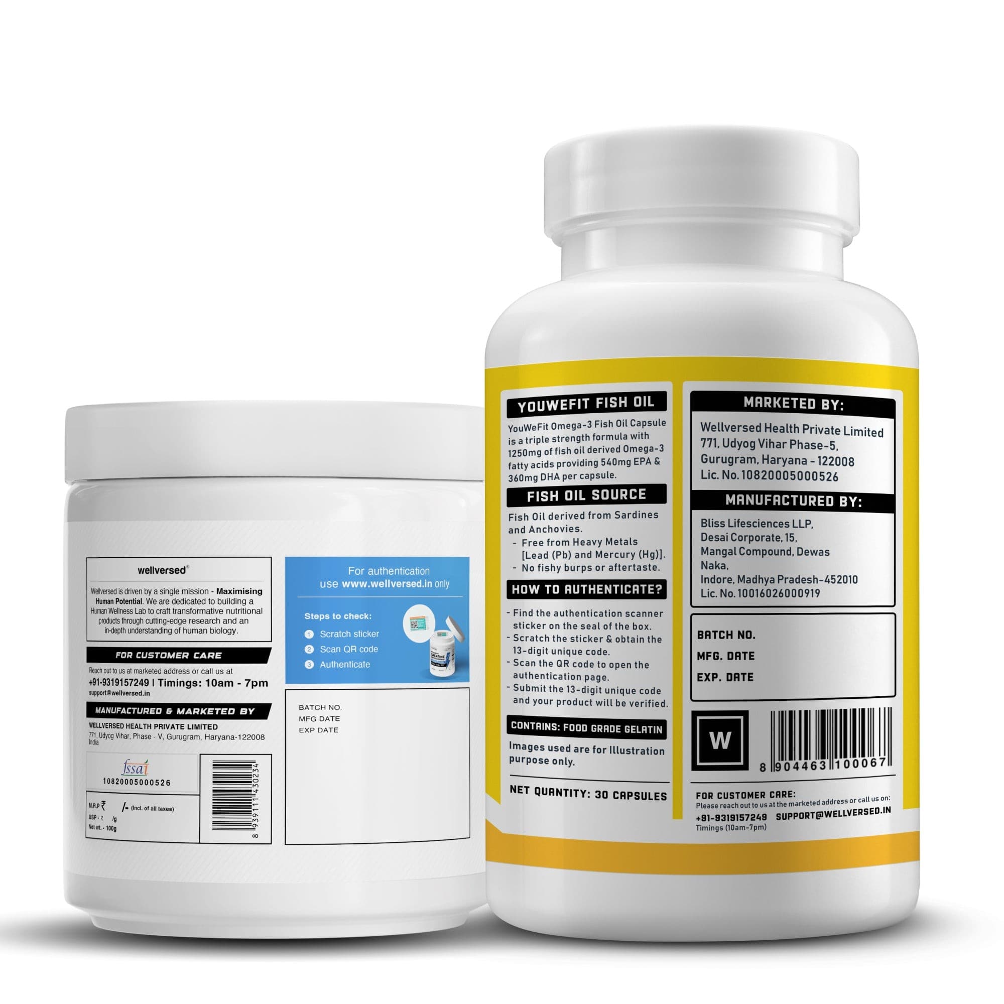 YouWeFit Omega-3 Fish Oil (30 Capsules), 1250mg + Wellcore Creatine Monohydrate (100gm, 33 Servings)