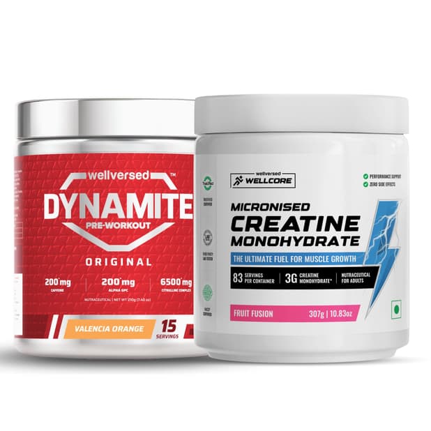 Wellcore Creatine Monohydrate Powder (307g, 83 Servings, Fruit Fusion) + Dynamite Pre-Workout Powder (210g,15 Servings, Valencia Orange)