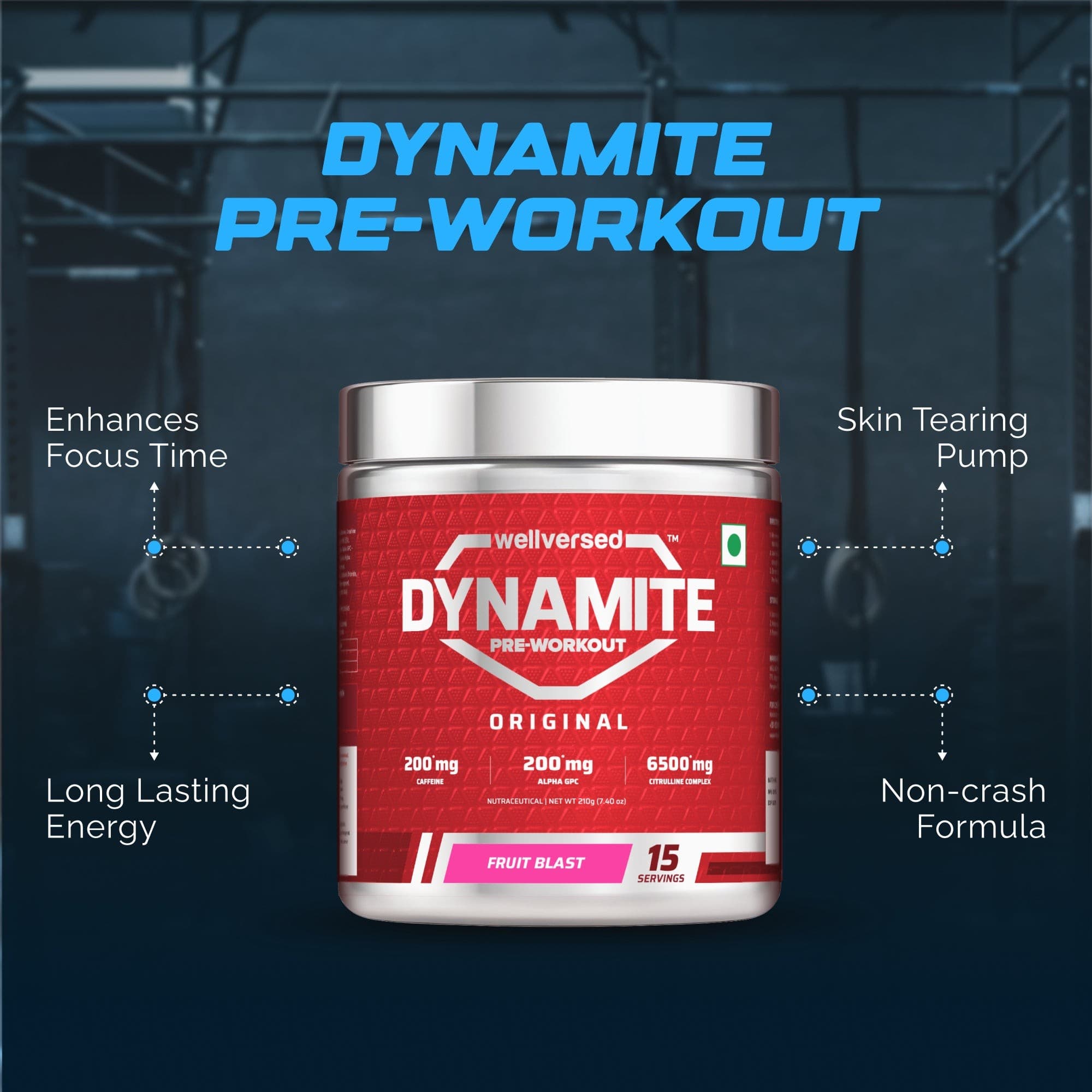 Wellcore Creatine Monohydrate Powder (307g, 83 Servings, Tropical Tango) + Dynamite Pre-Workout Powder (210g,15 Servings, Fruit Blast)