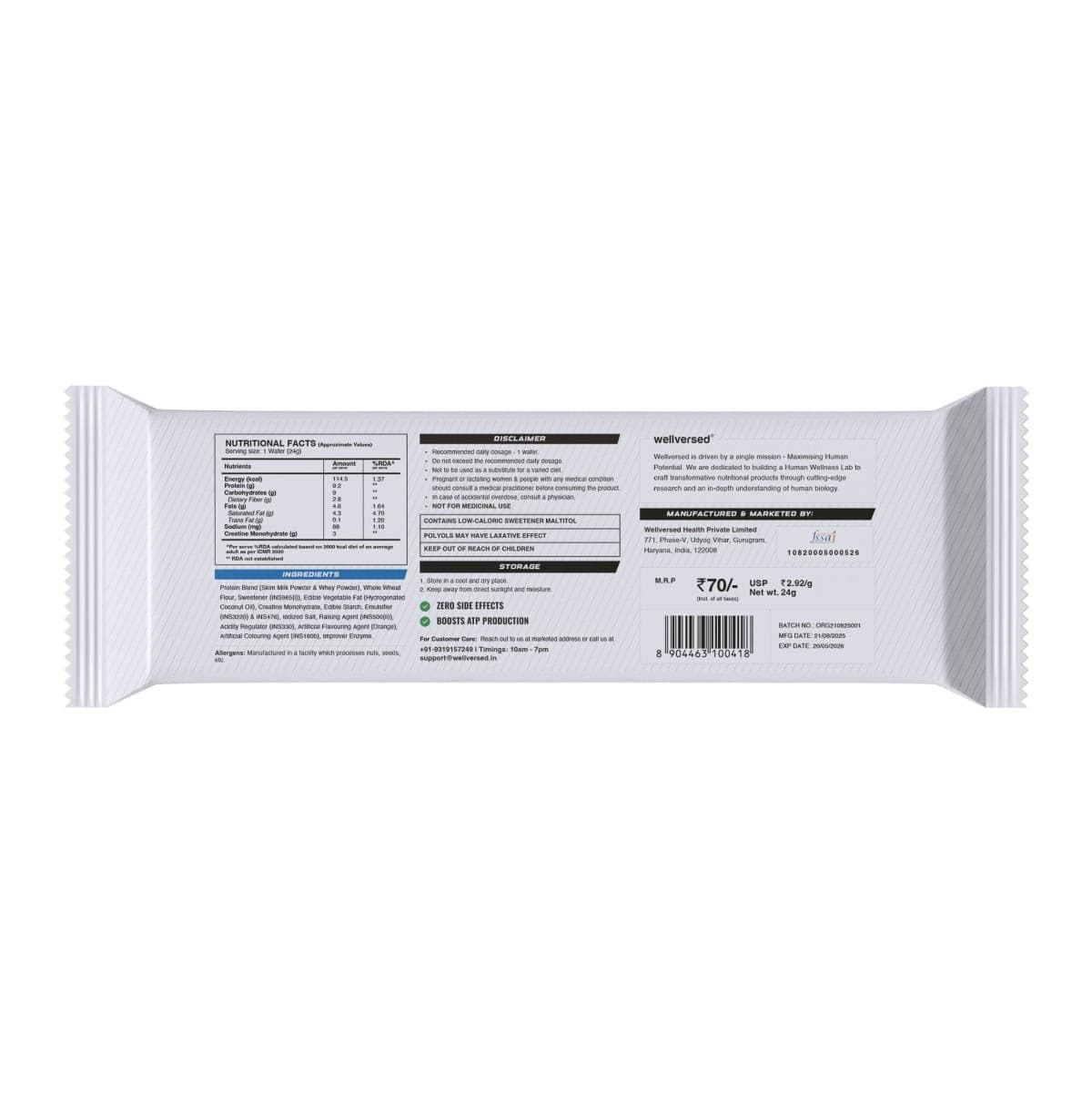 Wellcore - Creatine Wafer Bar | Orange Flavour (Pack of 6)