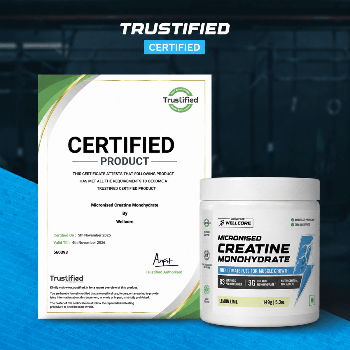 Wellcore - Pure Micronised Creatine Monohydrate | Lemon Lime (374g, 83 servings)