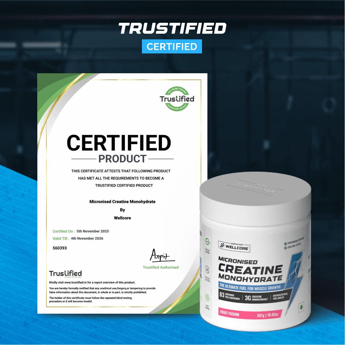 Wellcore - Pure Micronised Creatine Monohydrate (307g, 83 Servings) Fruit Fusion