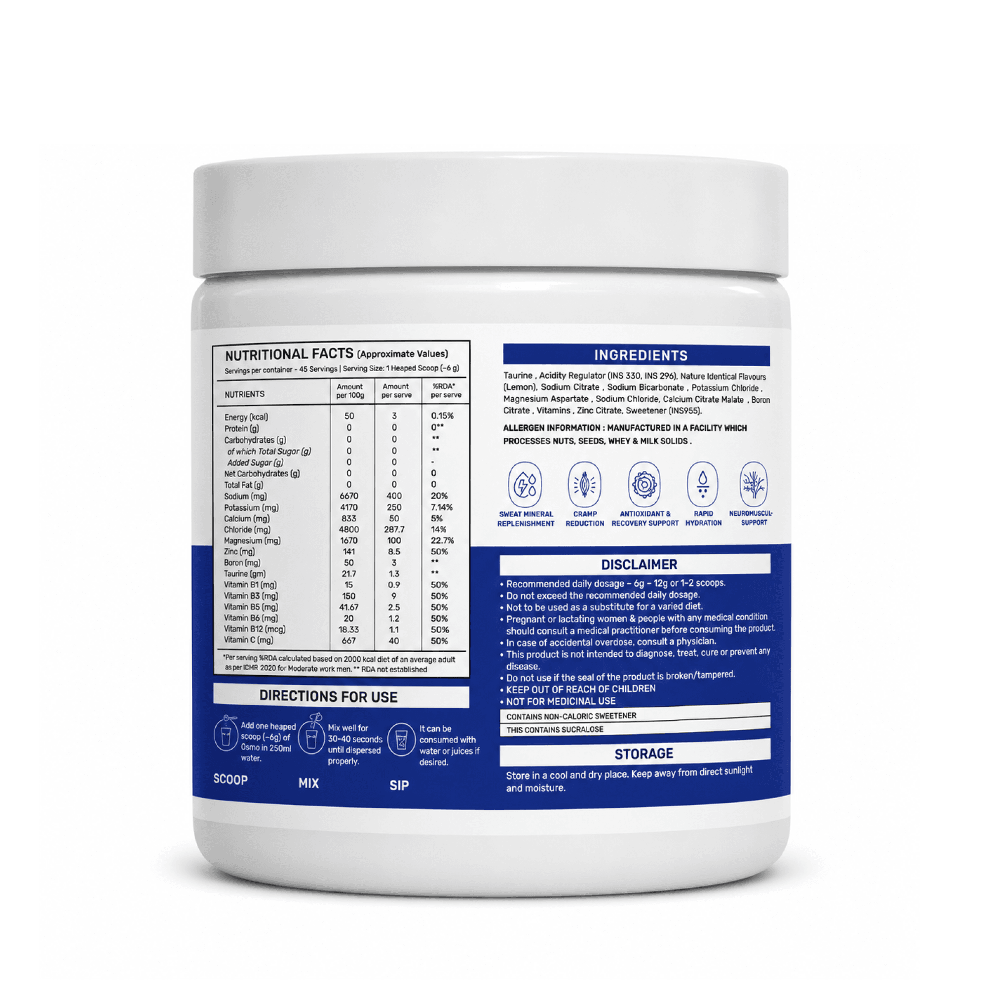 OSMO - Electrolyte Hydration Blend (Advanced Salts + Taurine & Vitamins) | Lemon & Lime (270g, 45 Servings)
