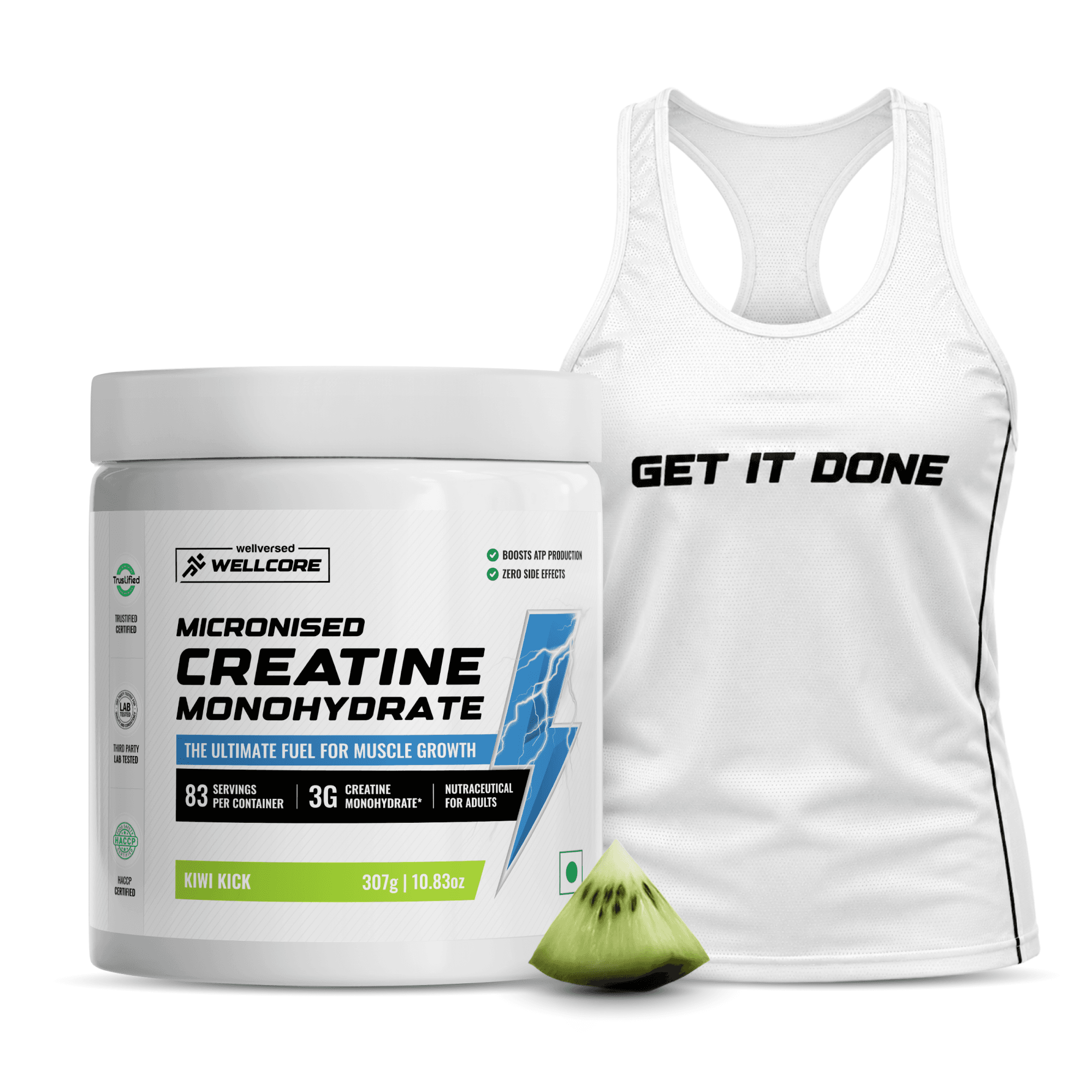 Wellcore - Micronised Creatine Monohydrate (83 Servings, Kiwi Kick) + Premium Gym Vest