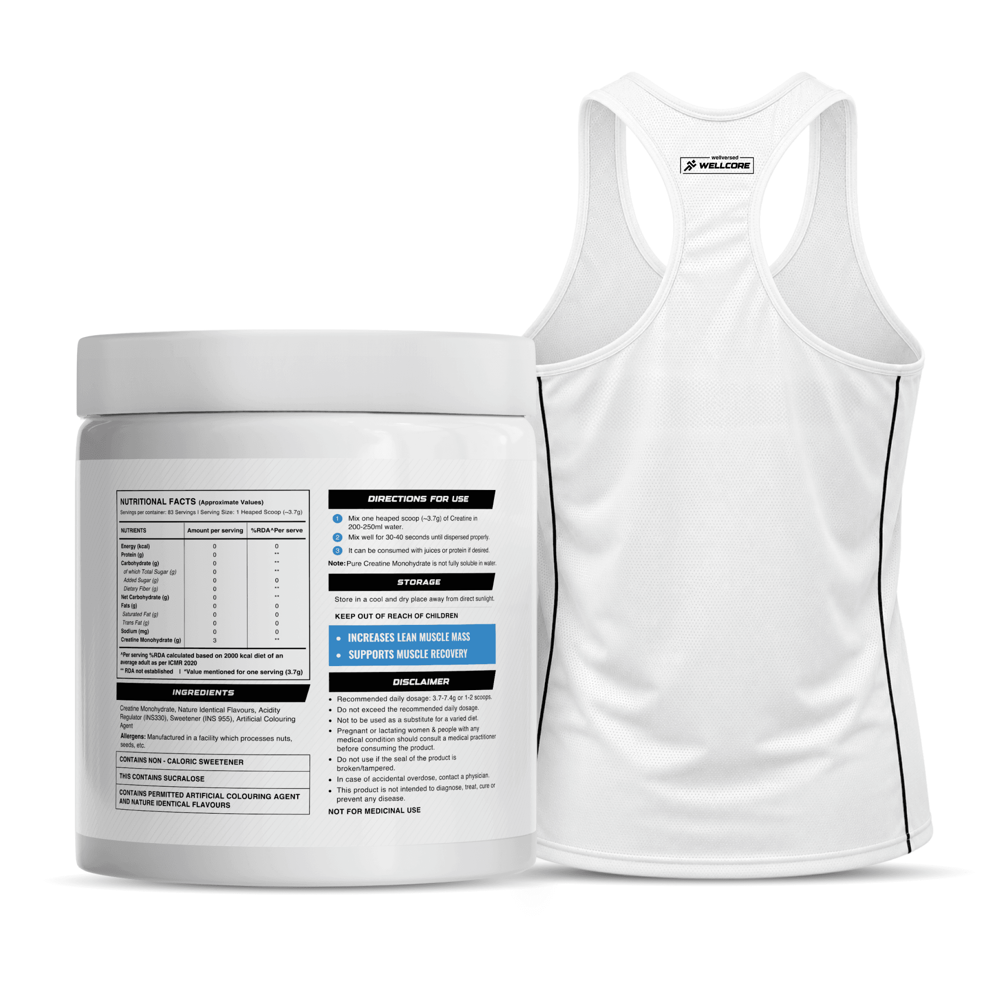 Wellcore - Micronised Creatine Monohydrate (83 Servings, Kiwi Kick) + Premium Gym Vest