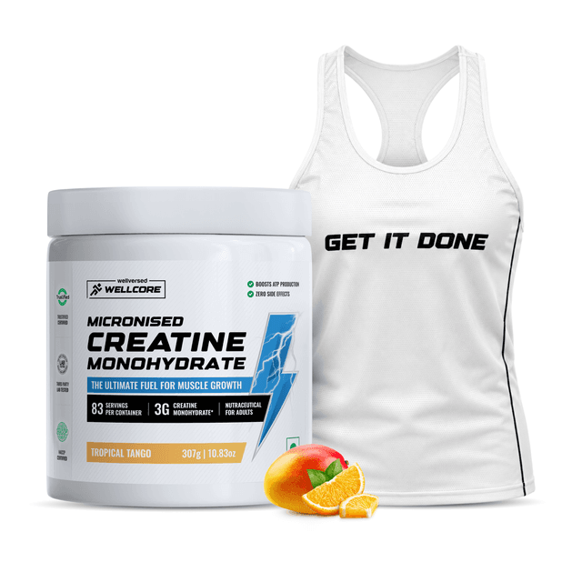 Wellcore - Micronised Creatine Monohydrate (83 Servings, Tropical Tango) + Premium Gym Vest