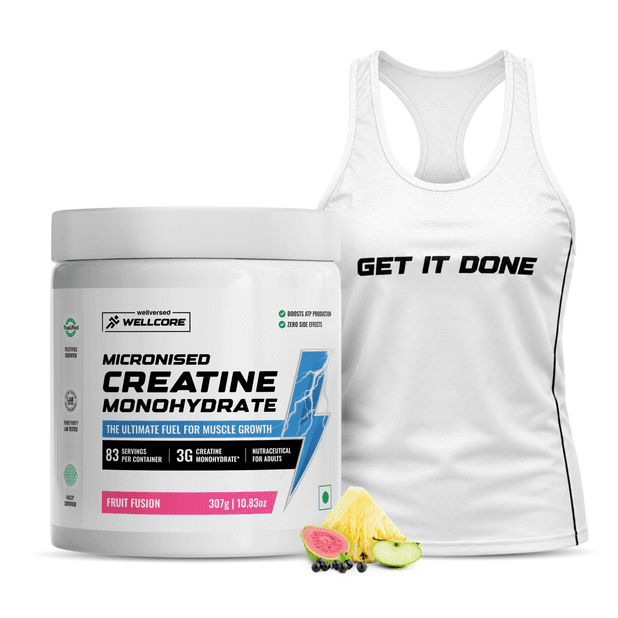Wellcore - Micronised Creatine Monohydrate (83 Servings, Fruit Fusion) + Premium Gym Vest