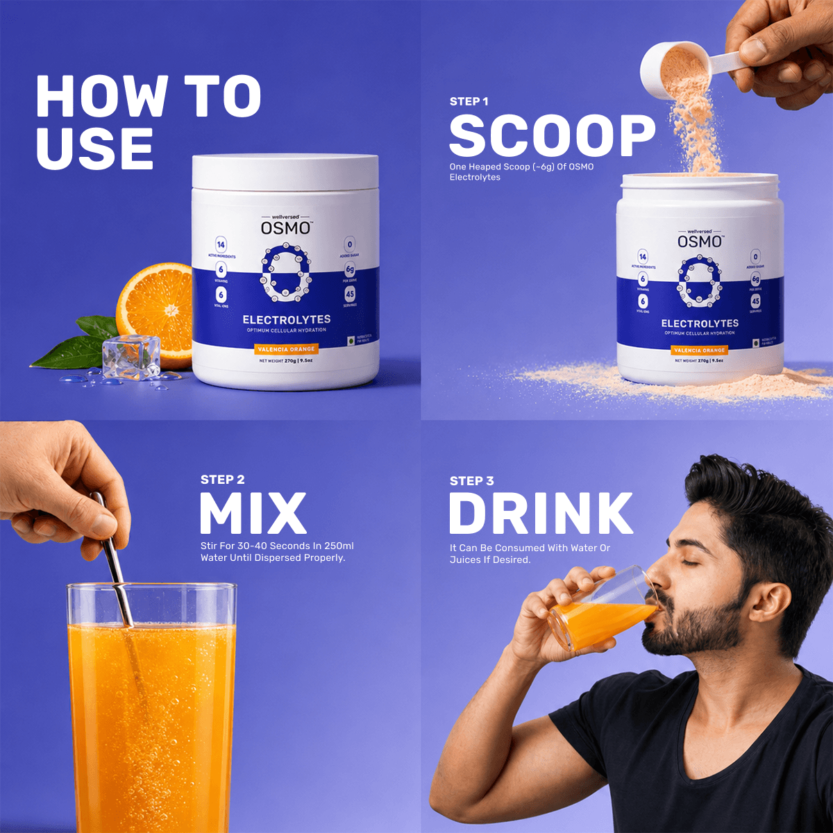 OSMO - Electrolyte Hydration Blend (Advanced Salts + Taurine & Vitamins) | Valencia Orange Flavour (270g, 45 servings)