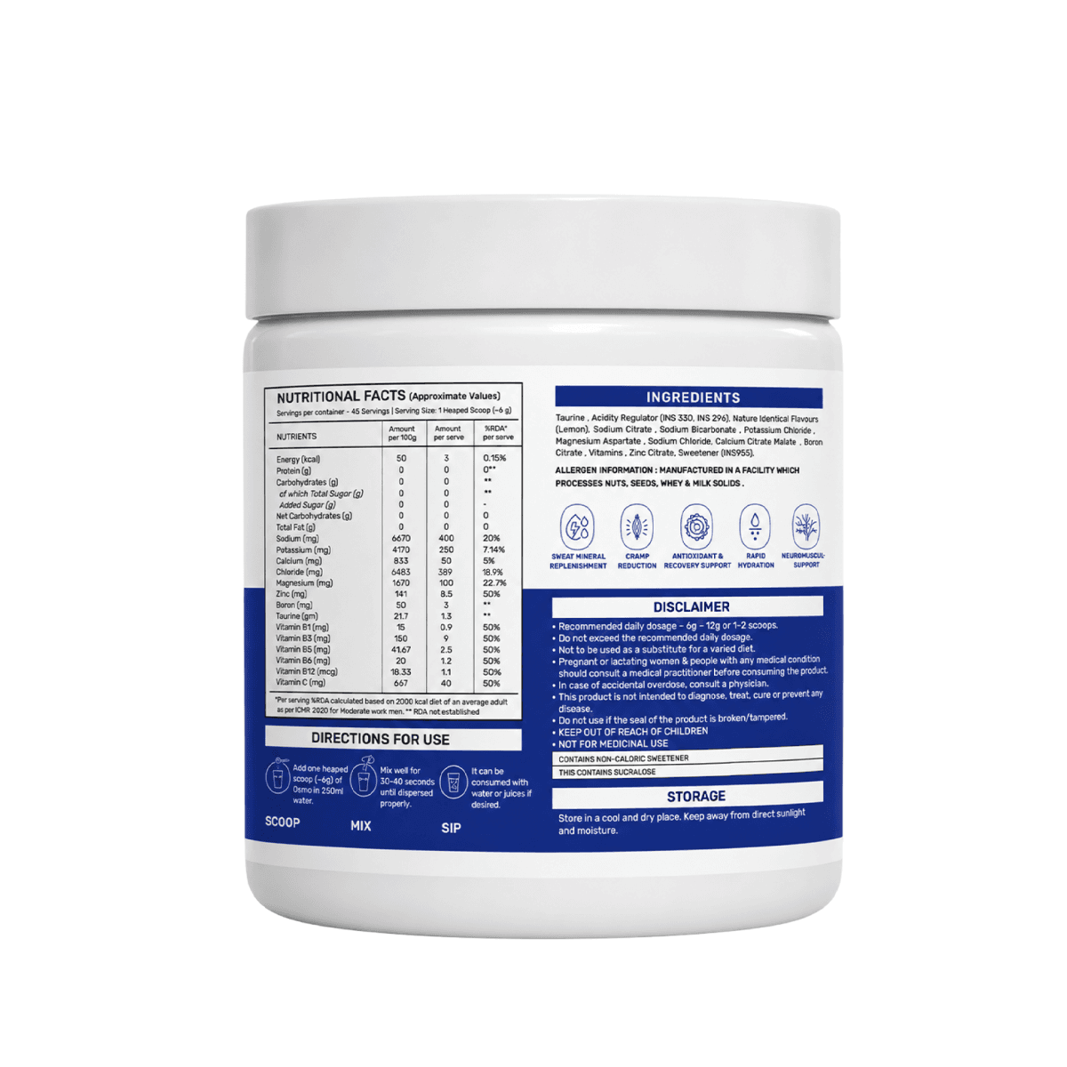 OSMO - Electrolyte Hydration Blend (Advanced Salts + Taurine & Vitamins) | Lemon & Lime (270g, 45 Servings)