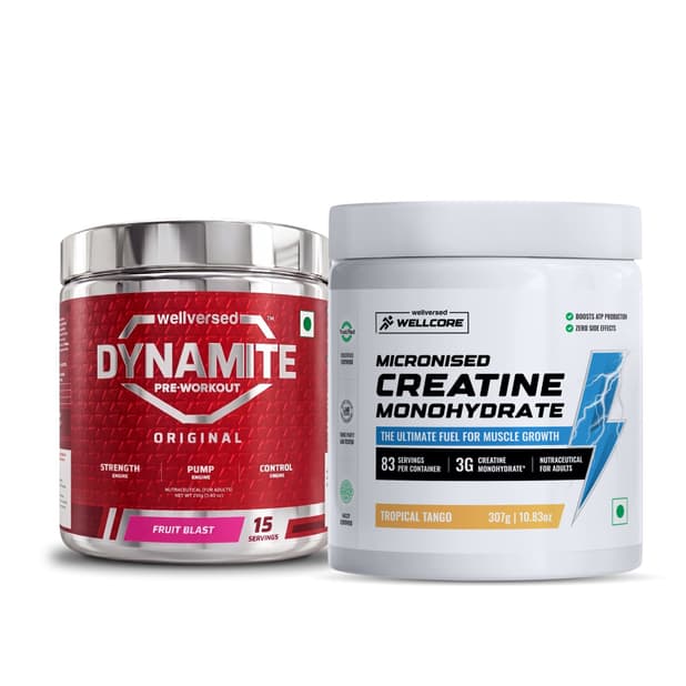 Wellcore Creatine Monohydrate Powder (307g, 83 Servings, Tropical Tango) + Dynamite Pre-Workout Powder (210g,15 Servings, Fruit Blast)