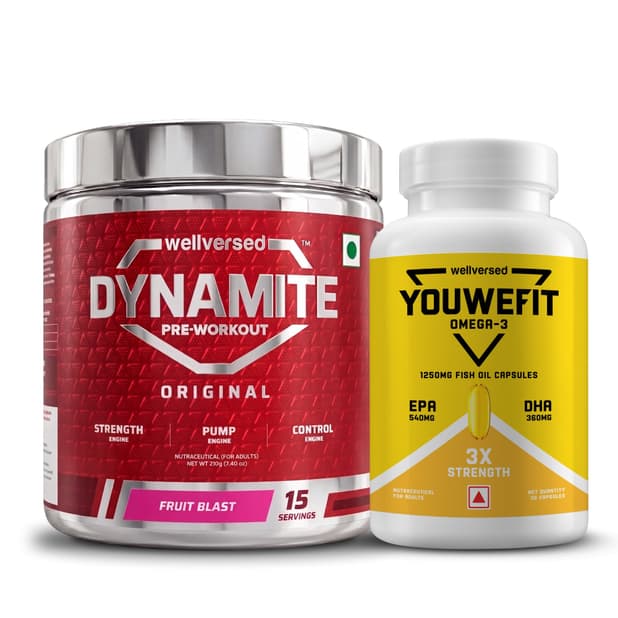 Dynamite Pre-workout (15 Servings, Fruit Blast) + YouWeFit Triple Strength Fish Oil (60 Capsules)