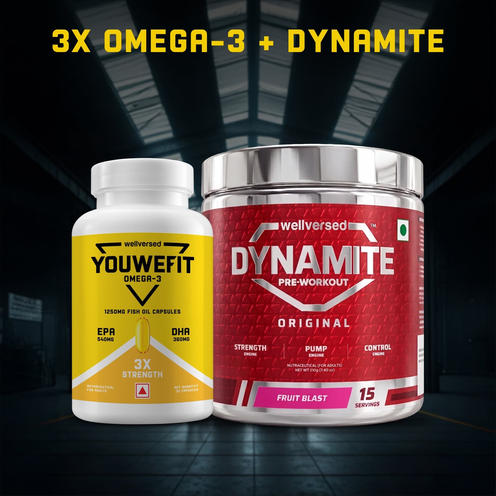 Dynamite Pre-workout (15 Servings, Fruit Blast) + YouWeFit Triple Strength Fish Oil (60 Capsules)
