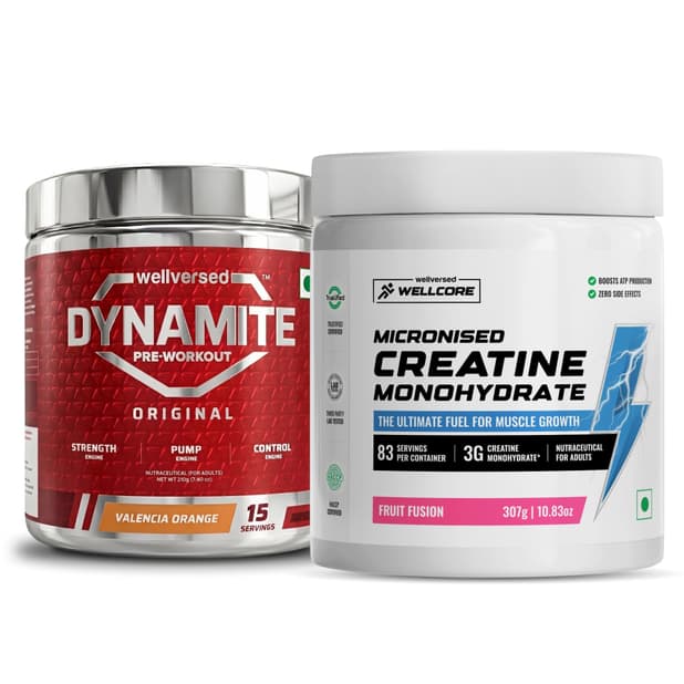 Wellcore Creatine Monohydrate Powder (307g, 83 Servings, Fruit Fusion) + Dynamite Pre-Workout Powder (210g,15 Servings, Valencia Orange)