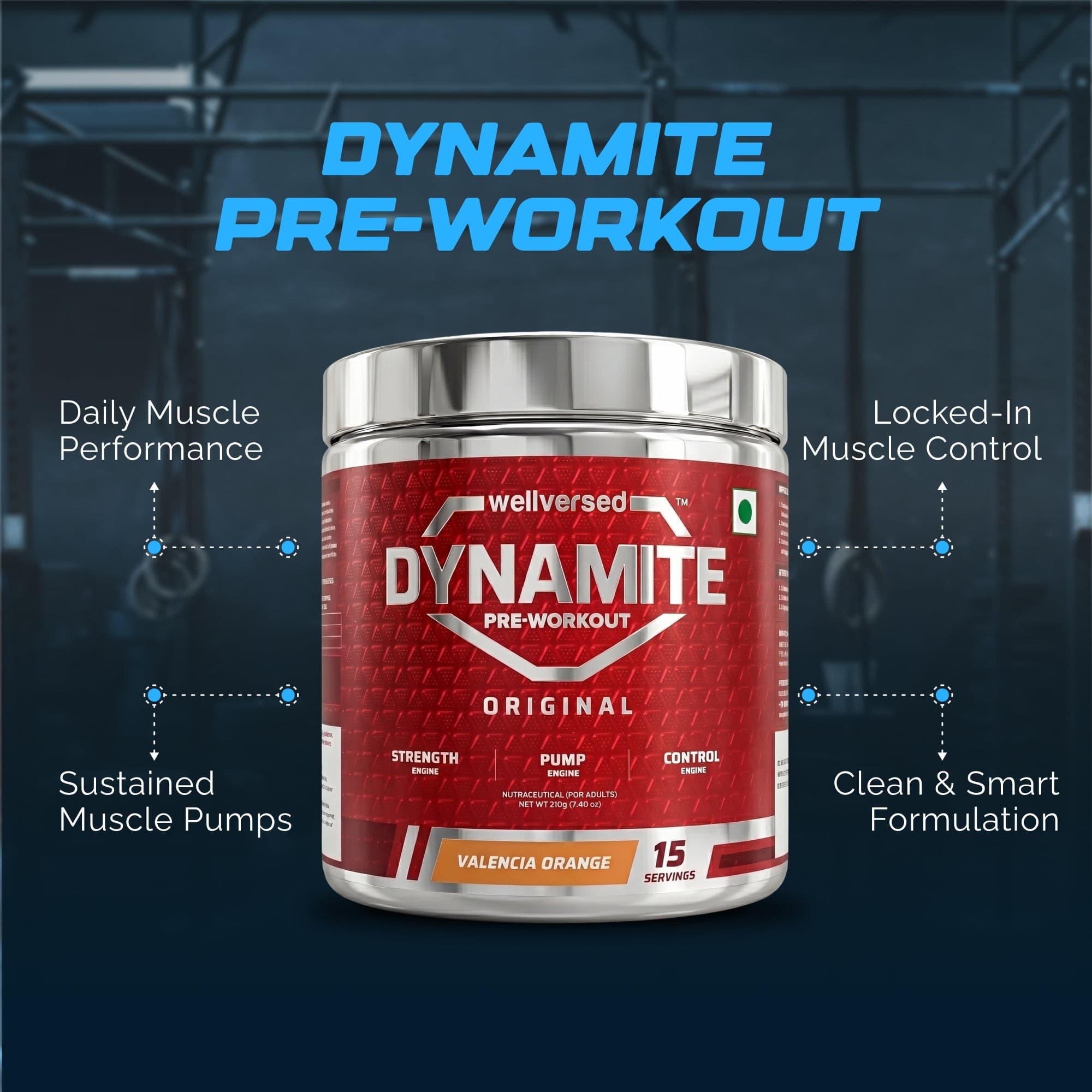 Wellcore Creatine Monohydrate Powder (307g, 83 Servings, Fruit Fusion) + Dynamite Pre-Workout Powder (210g,15 Servings, Valencia Orange)