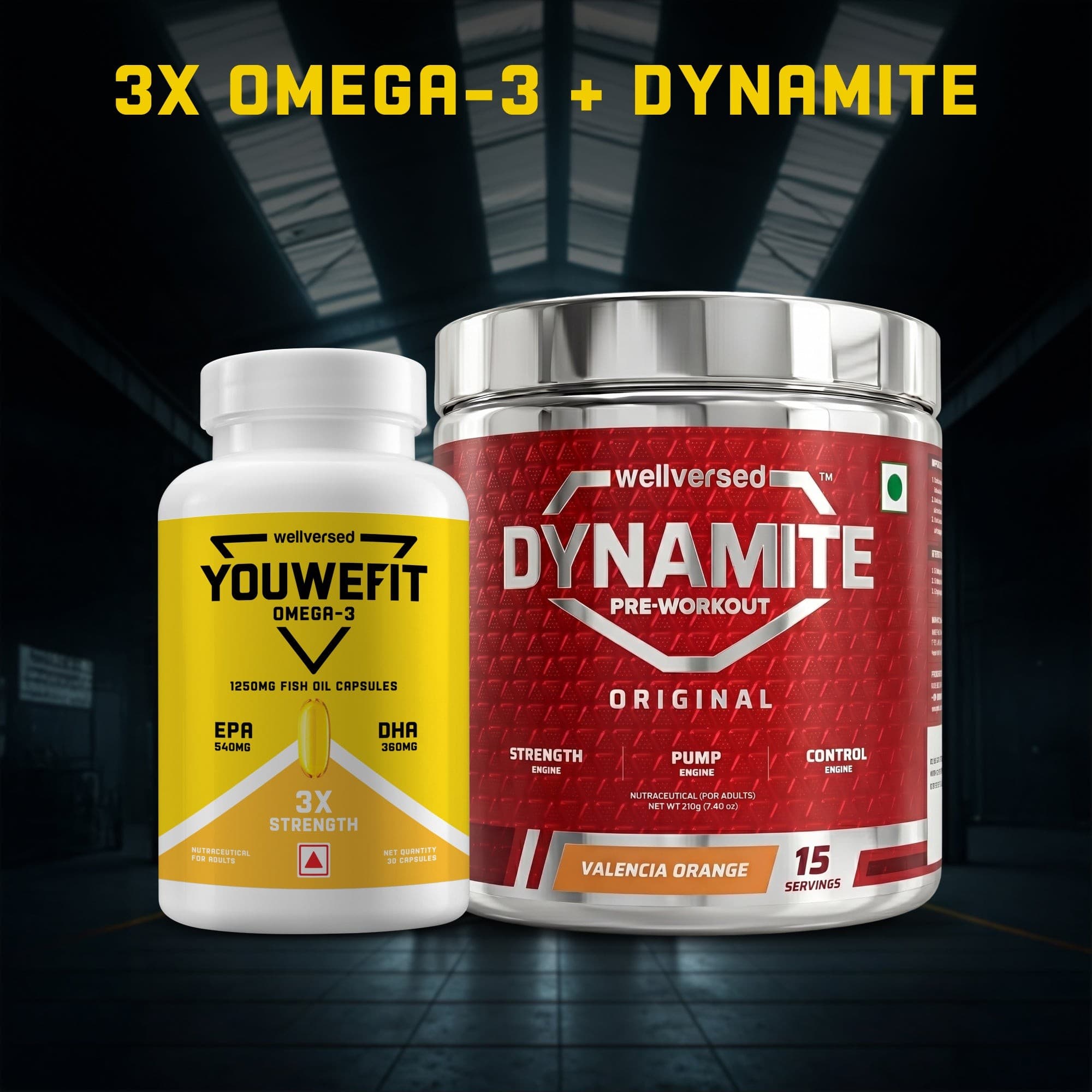 Dynamite Pre-workout (15 Servings, Valencia Orange) + YouWeFit Triple Strength Fish Oil (30 Capsules)