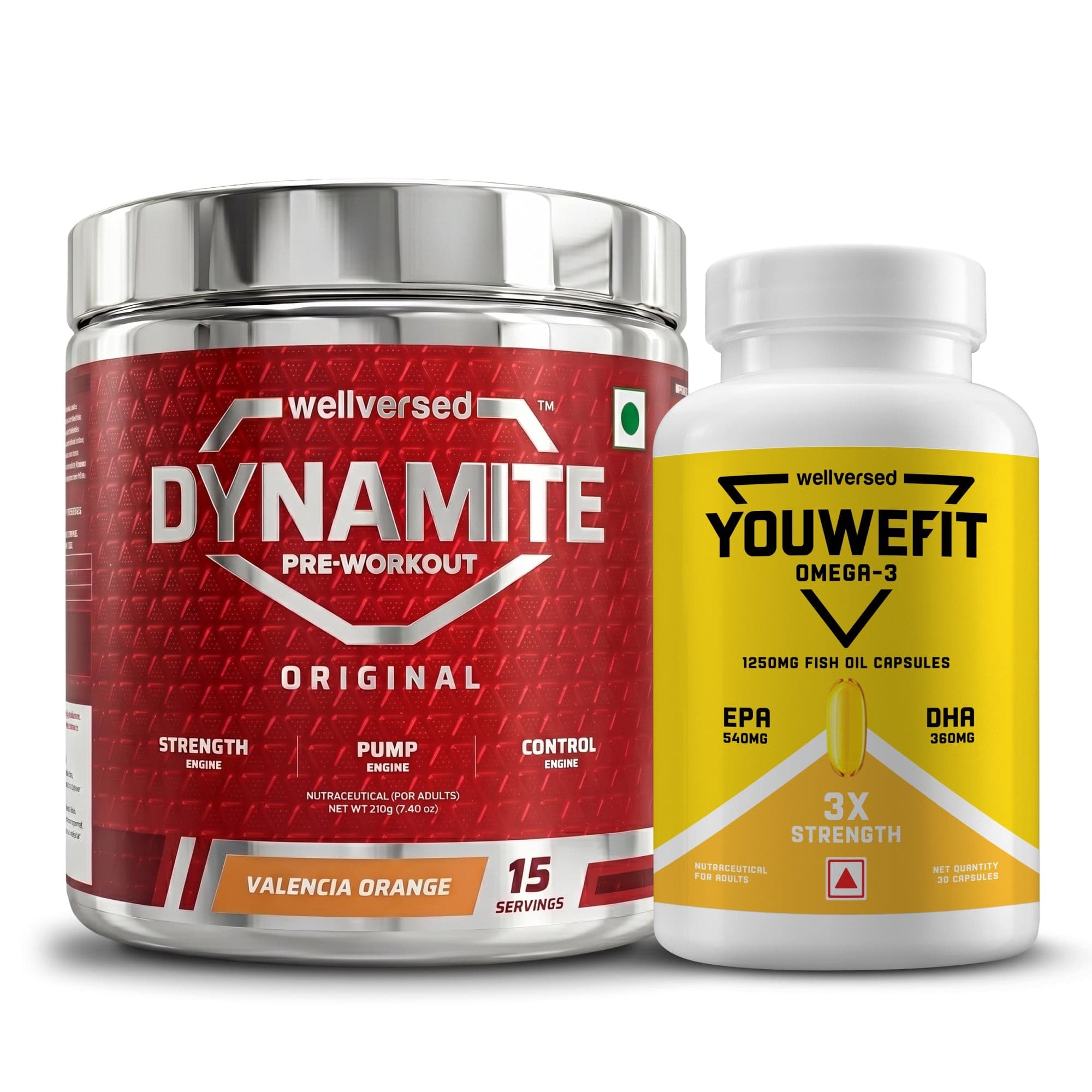 Dynamite Pre-workout (15 Servings, Valencia Orange) + YouWeFit Triple Strength Fish Oil (30 Capsules)