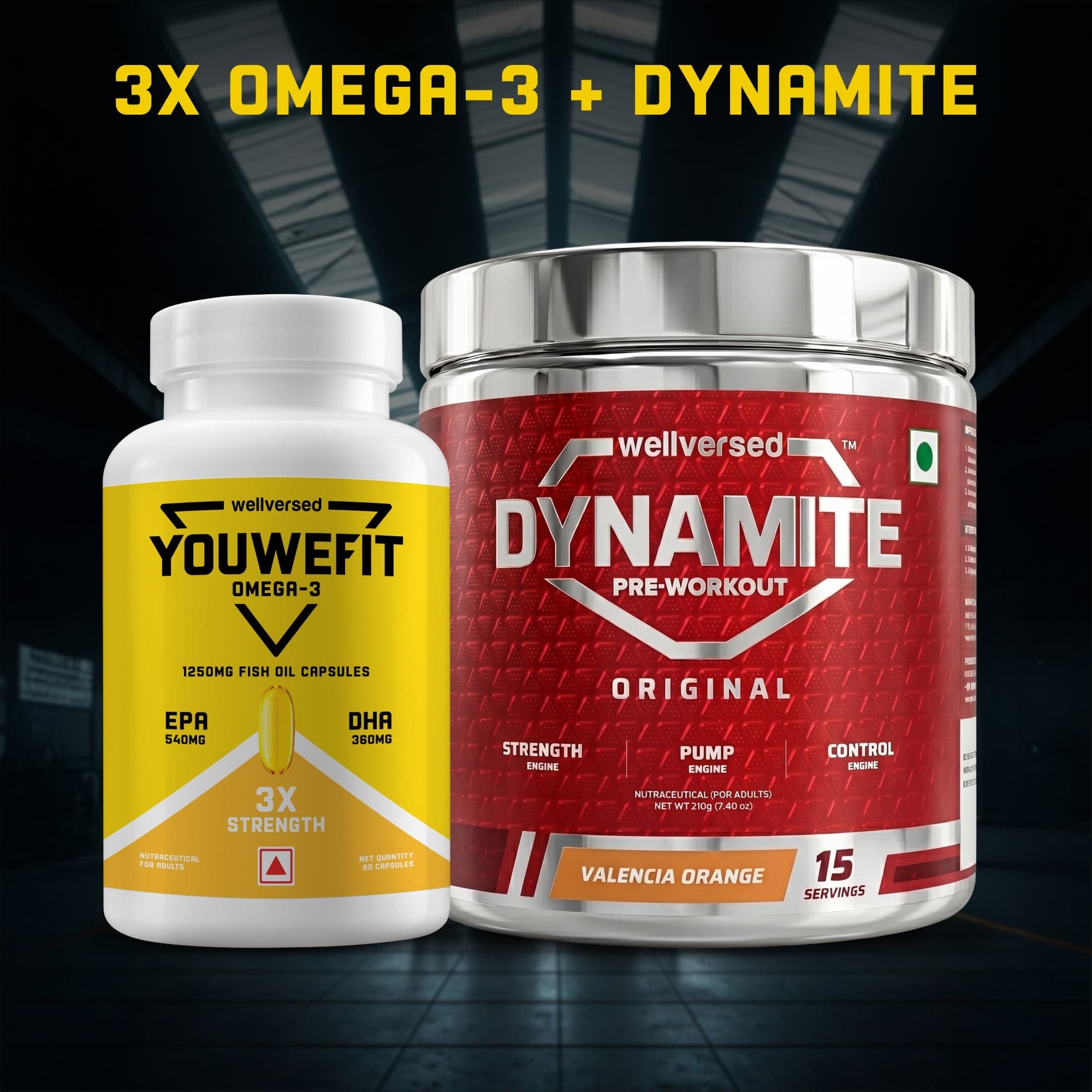 Dynamite Pre-workout (15 Servings, Valencia Orange) + YouWeFit Triple Strength Fish Oil (60 Capsules)